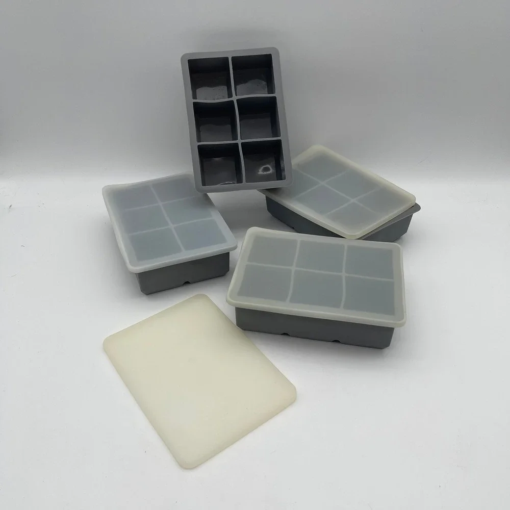 Grey Silicone Ice Cube Tray Set of 4 with Lids Square Large Molds 6-Cavity